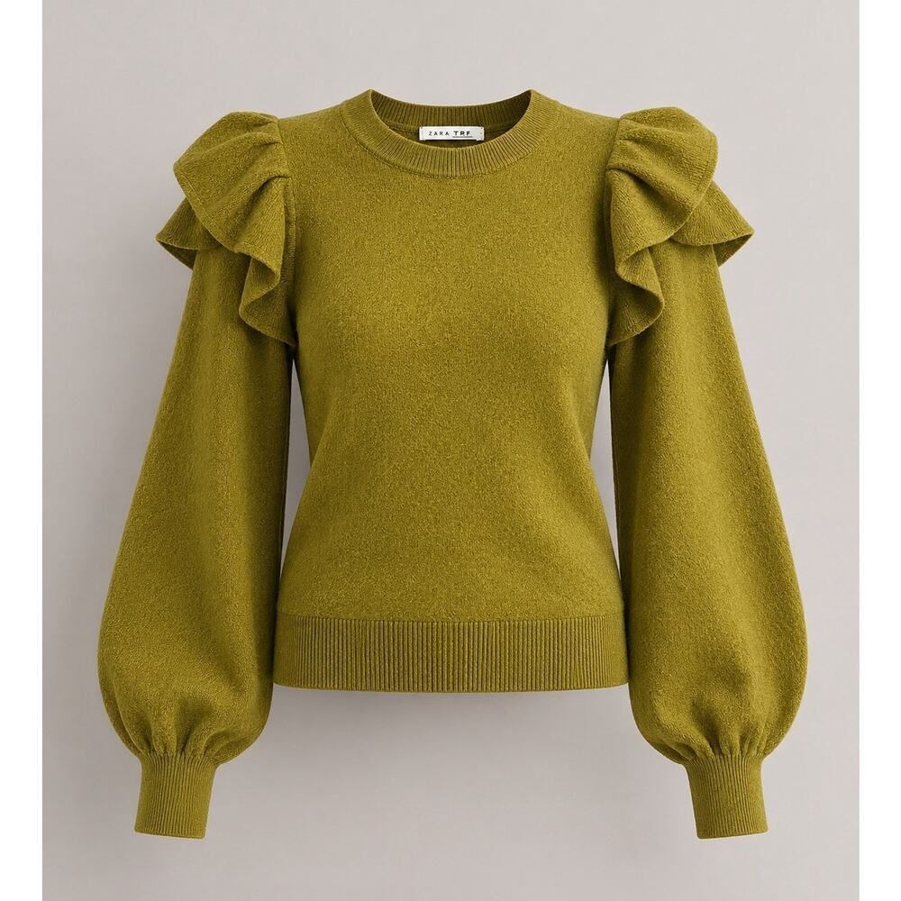 Ulla Johnson Merino Wool Ruffle Shoulder Sweater Olive Green Size P